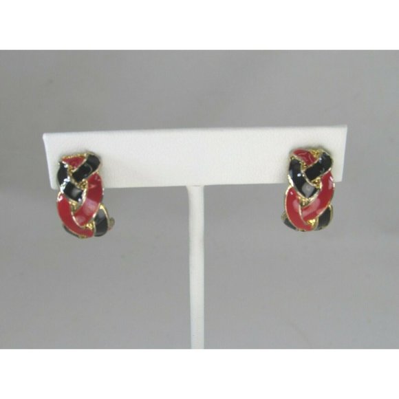 Vintage Red Blue Braided Enamel Pierced Earrings 51524 - Picture 2 of 6
